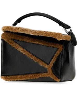 Loewe Small Puzzle Shearling-Trim Tote Bag - Black