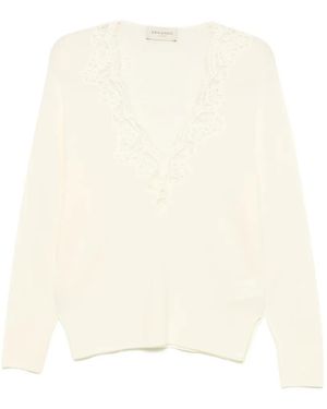 ERMANNO FIRENZE Lace-Trim V-Neck Sweatshirt - White
