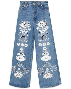 Cynthia Rowley Bestickte Wide-Leg-Jeans - Blau