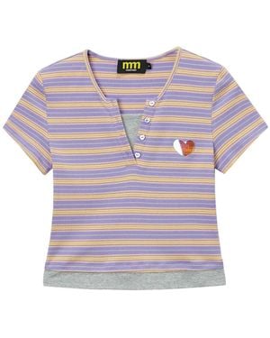 Mini Cream Striped Heart Cotton T-Shirt - Purple