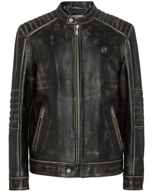 Philipp Plein Distressed Leather Moto Jacket - Black