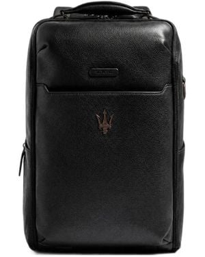 Piquadro X Maserati Logo-Plaque Leather Backpack - Black