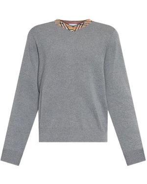 Burberry Knit V-Neck Jumper With Rib-Knit Trims - Grey