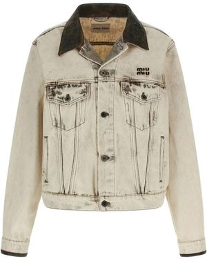 Miu Miu Button-Up Collared Logo Jacket - Natural