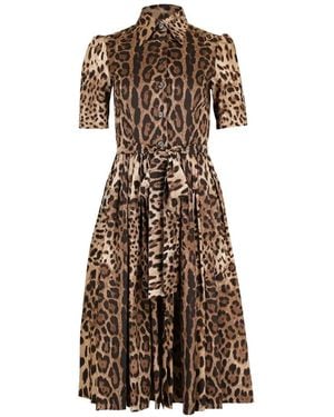 Dolce & Gabbana Vestido Camisero De Popelina Con Estampado De Leopardo - Neutro