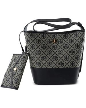 Tory Burch T Monogram Leather-Trim Bucket Bag - Black