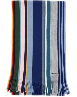 Paul Smith Striped-Pattern Fringed-Hem Scarf - Blue