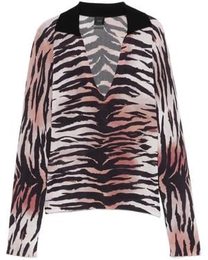 Pinko Tiger-Print V-Neck T-Shirt - Natural