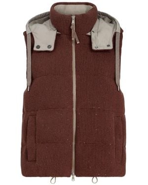 Brunello Cucinelli Hooded Ribbed Knitted Down Vest - Brown