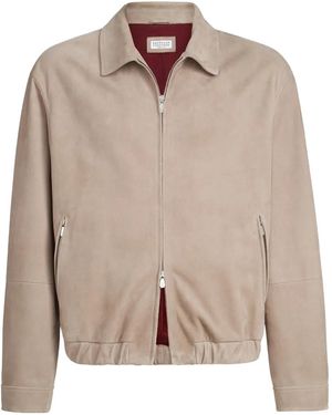 Brunello Cucinelli Vintage Leather Bomber Jacket - Natural