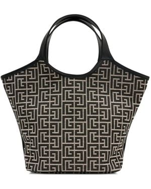 Balmain Monogram-Pattern Leather-Trim Tote Bag - Black