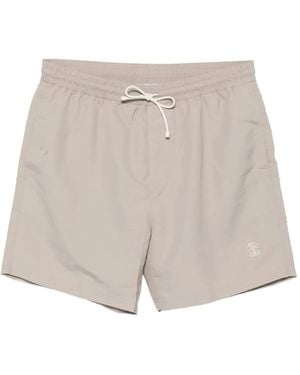 Brunello Cucinelli Badeshorts Mit Logo-Stickerei - Weiß