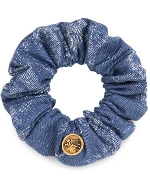 Etro Cotton And Linen Jacquard Denim Scrunchie With Leafy Motif - Blue