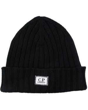 C.P. Company Midnight Ribbed Wool Knit Beanie With Embroidered Logo Patch - Black