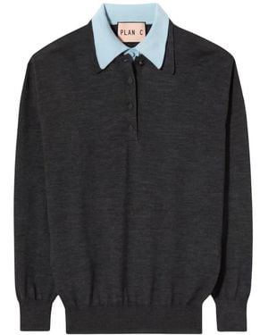 Plan C Contrast-Collar Long-Sleeve Polo Top - Black