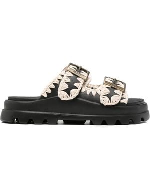 Mou Buckle-Strap Crochet-Detail Sandals - Black