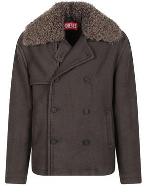 DIESEL Shearling-Collar Double-Breasted Jacket - Grey