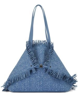 Akris Medium Fringed-Edges Woven Tote Bag - Blue