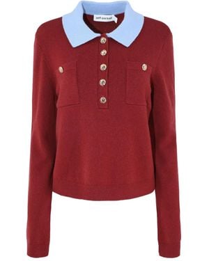 Self-Portrait Patch-Pockets Knitted Polo Top - Red