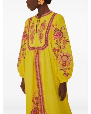 FARM Rio Besticktes Garden Tapestry Midikleid - Gelb