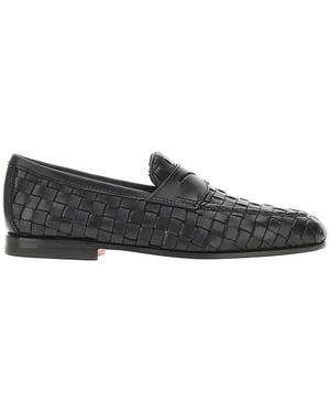 Santoni Woven Leather Penny Loafers - Black