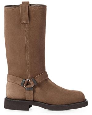 Brunello Cucinelli Suede Biker Boots With Shiny Loops - Brown