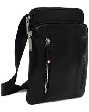 Aeronautica Militare Zip-Fastening Leather Messenger Bag - Black