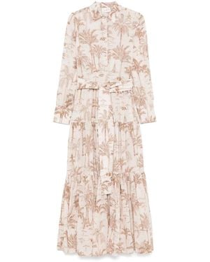 Mc2 Saint Barth Belted Waist Maxi Dress With Buttoned Cuffs And Pa - Natur