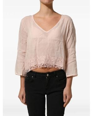 Pink Memories Lace-Trim V-Neck Blouse - Natural