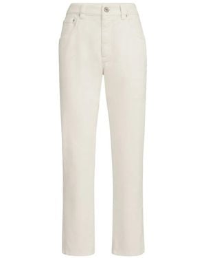 Brunello Cucinelli Pantalon Droit À Cinq Poches En Denim Teint Avec Bartack Brillant - White