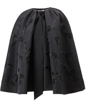 Carolina Herrera Floral-Embroidered Silk Cape - Black
