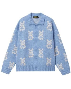 Mini Cream Buttoned Bear-Pattern Cardigan - Blue