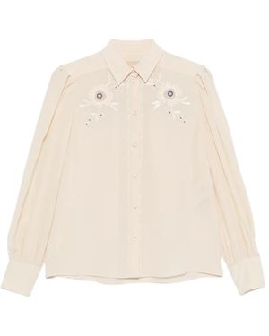 Valentino Garavani Floral-Embroidered Pleated-Sleeve Blouse - Natural