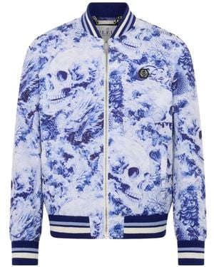 Philipp Plein Floral Skull Bomber Jacket - Blue