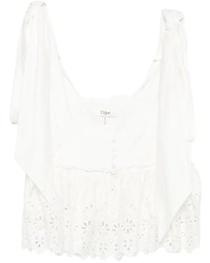 Chloé Broderie-Anglaise Bow-Detail Top - White