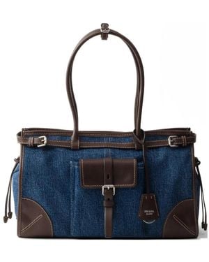 Prada Bonnie Large Denim And Leather Handbag - Blue