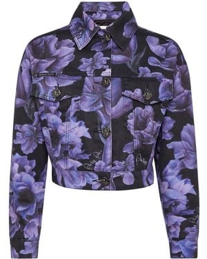 Philipp Plein Floral-Print Cropped Denim Jacket - Blue