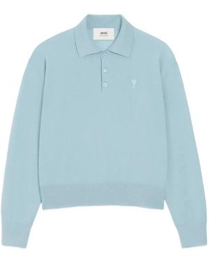 Ami Paris Logo-Embroidery Polo Shirt - Blue