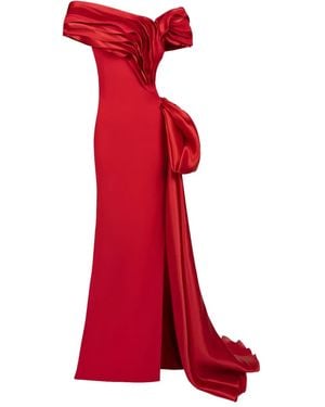 Gaby Charbachy Ruffled Bow-Embellished Evening Gown - Red