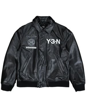 Y-3 Logo Leather Bomber Jacket - Black