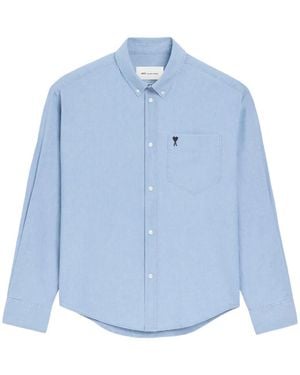 Ami Paris Long Sleeve Boxy Shirt With Button Down Collar And Embroidered Adc - Blue