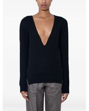 Rick Owens Pull Côtelé À Col V - Bleu