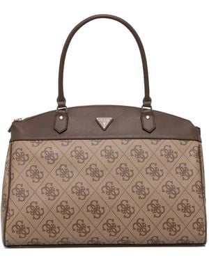 Guess Maxi Berta 4G Monogram-Print Logo-Plaque Tote Bag - Brown