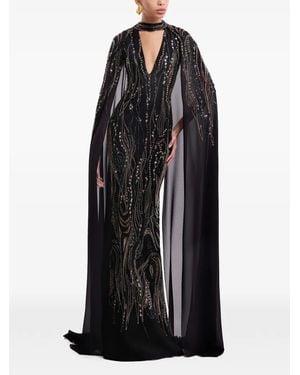 Gemy Maalouf Beaded Cape-Sleeve Maxi Dress - Black