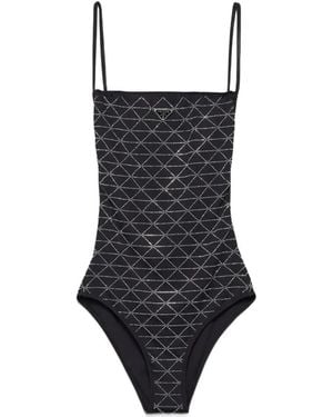 Prada Jersey One-Piece Swimsuit With Rhinestones - Black