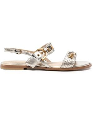Pinko Buckle-Fastening Metallic Sandals - White