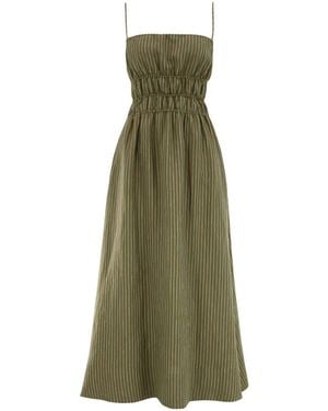 STAUD Ayla Striped Smocked-Waist Midi Dress - Green