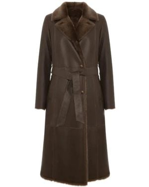 Bigardini Luisa Belted Shearling-Trimmed Coat - Brown