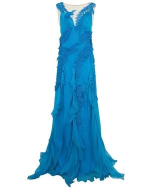 Alberta Ferretti Leaf-Applique Ruffled Maxi Dress - Blue