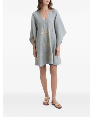 Greek Archaic Kori Embroidered V-Neck Dress - Grey